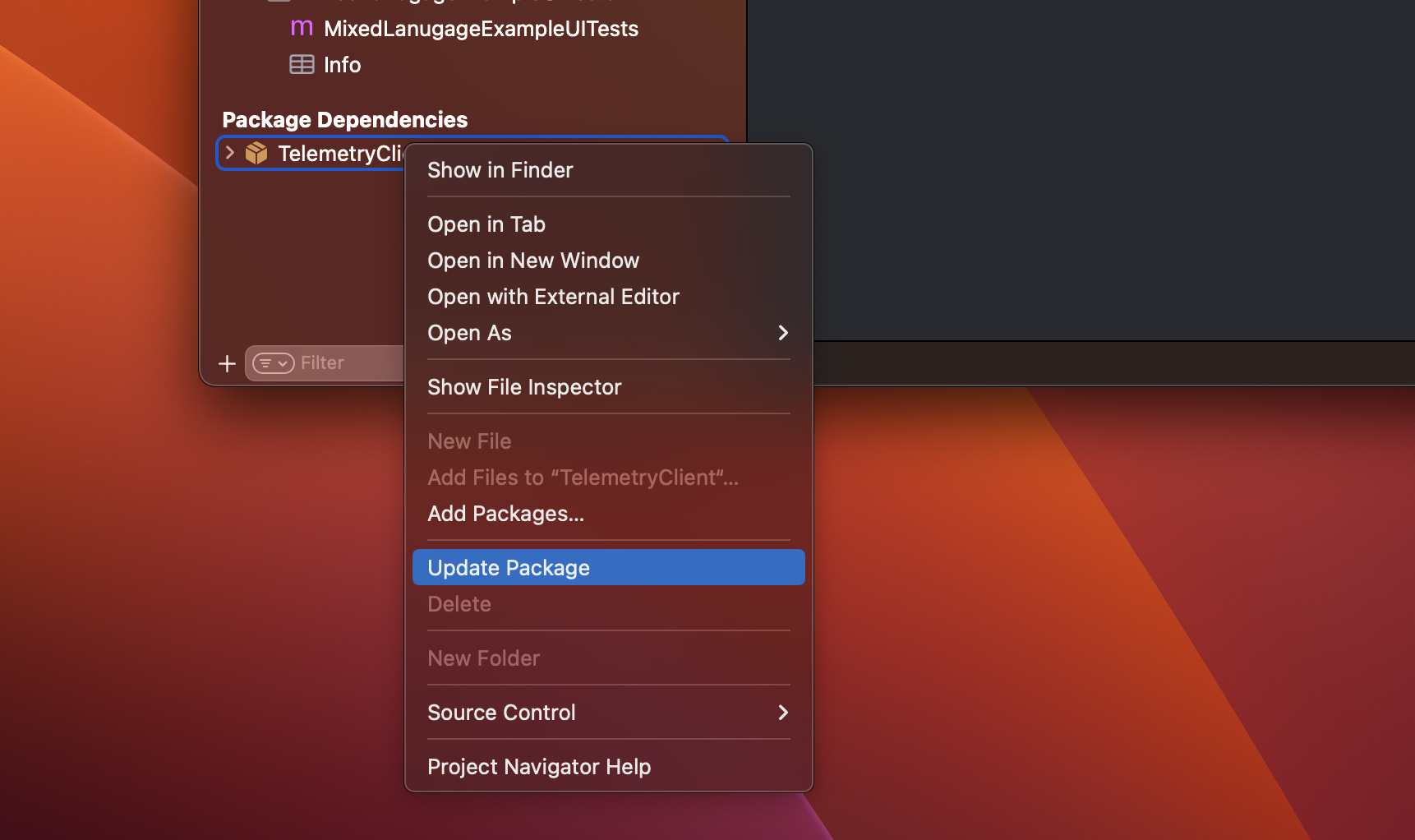 Screenshot of the left sidebar in Xcode 14, with the TelemetryDeck Swift Package highlighted