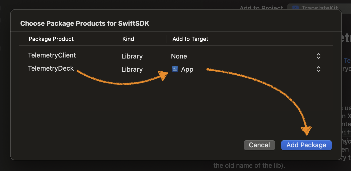 A screenshot of Xcode setting the target for the TelemetryDeck library